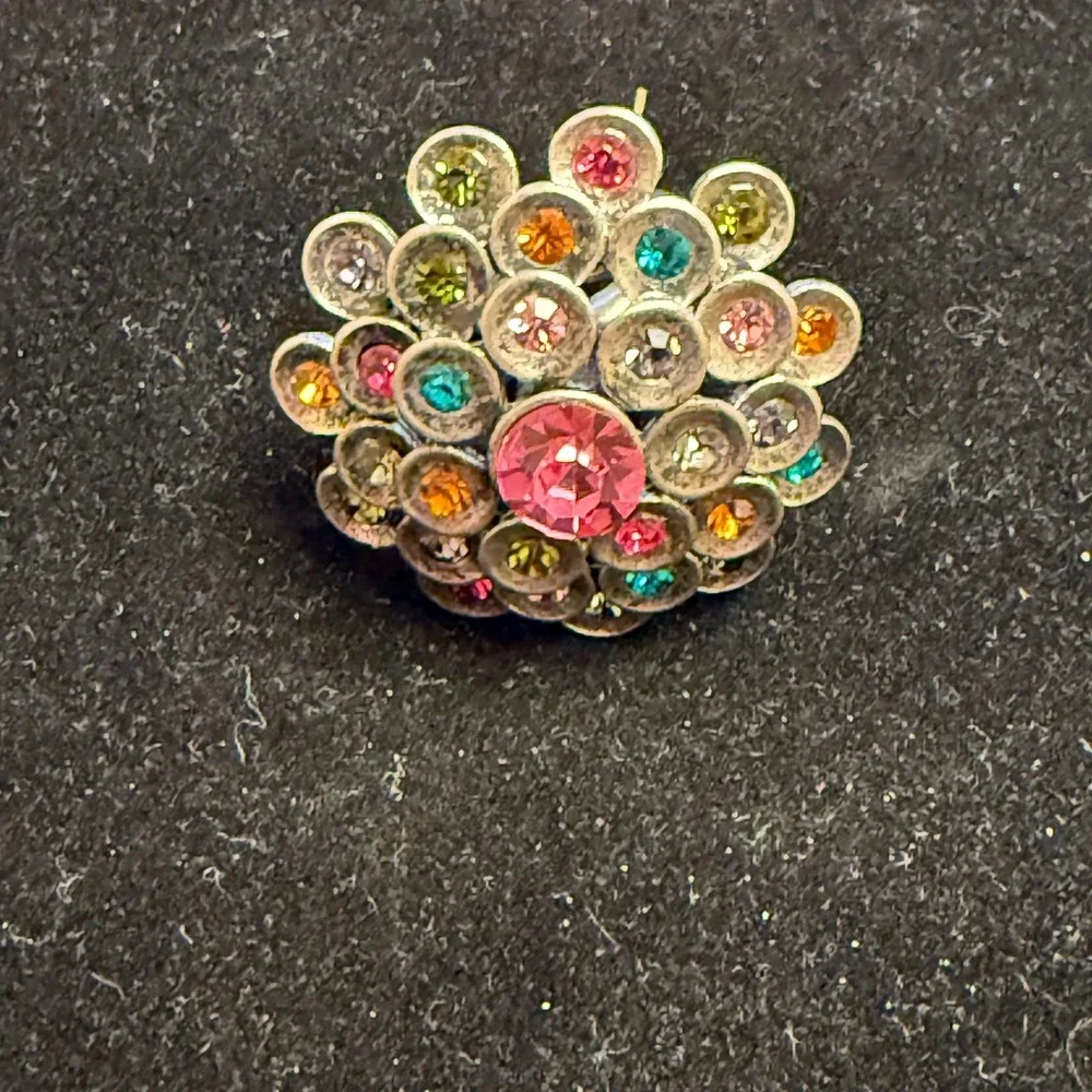 Multicolor Rhinestone Cluster Stretch‎ Cocktail Ring Antiqued Silver Tone Domed